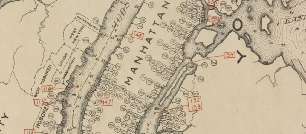 Extract from "Outline map of New York Harbor & vicinity : showing main tidal flow, sewer outlets, shellfish beds & analysis points.", New York Bay Pollution Commission, 1905. From New York Public Library.