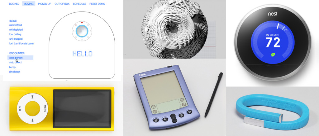Top Row: Digital Content, Neato Interface Interactive, 2013; Source Code, Tall Green Bloom Urn, 2012; Thermostat, Nest Learning Thermostat, Second Generation, 2012; Bottom Row: iPod Nano Digital Media Player, 2009; Palm Vx Personal Digital Assistant And Stylus, 1999; Jawbone UP Fitness Tracker Wristband, 2011