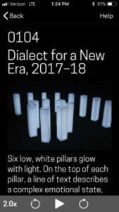 From top down: Black background with drop-out white type: 0104, Dialect for a New Era, 2017–18; Image of six glowing white pillars; label text.